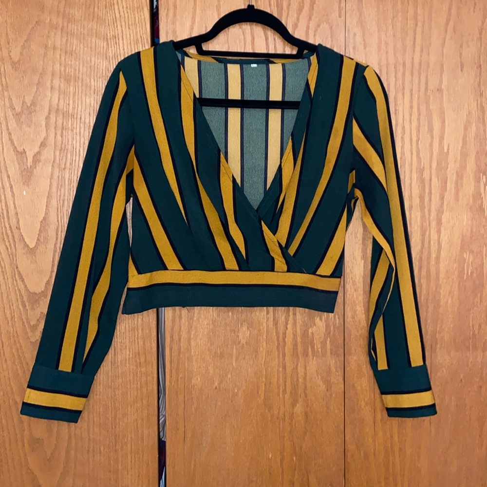 Green and Orange Striped Faux Wrap Crop Top